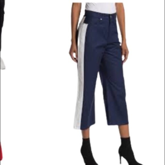 BLDWN Blue White High Waisted Pants Cropped Wide Leg Skater Size 28 - Picture 1 of 11